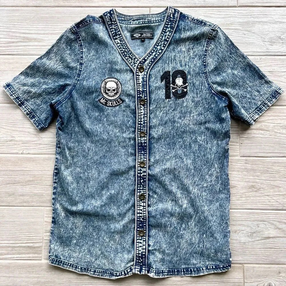 Retro District Mens Blue Mr‎ Skull Baseball Short Sleeve Button Up Shirt Size XL - Picture 1 of 9